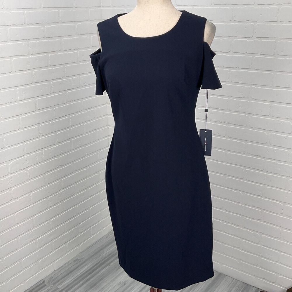 Tommy Hilfiger Dress Women 8 Navy Blue Cold Shoulder‎ Dress Sheath Classic Party
